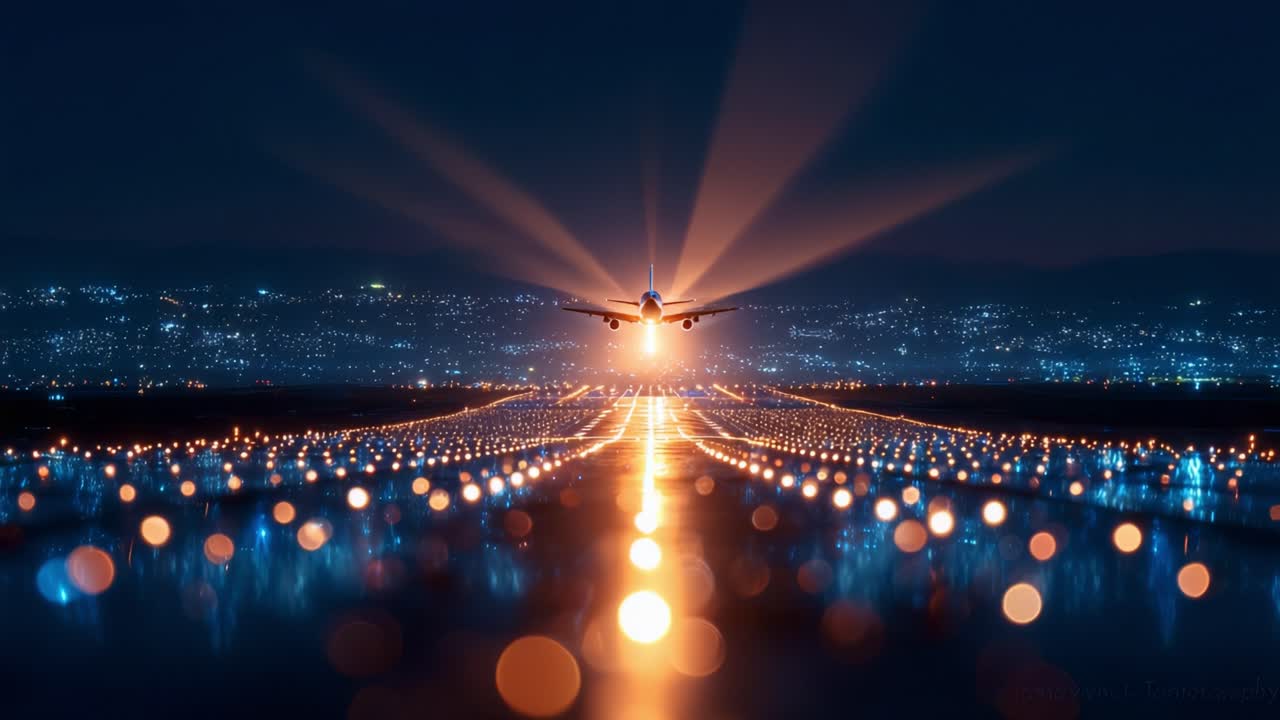 Stunning Nighttime Aviation Display: A Majestic Airplane Takes Off Against the Backdrop of Dazzling Lights Reflecting on the Runway with a Cityscape Horizon