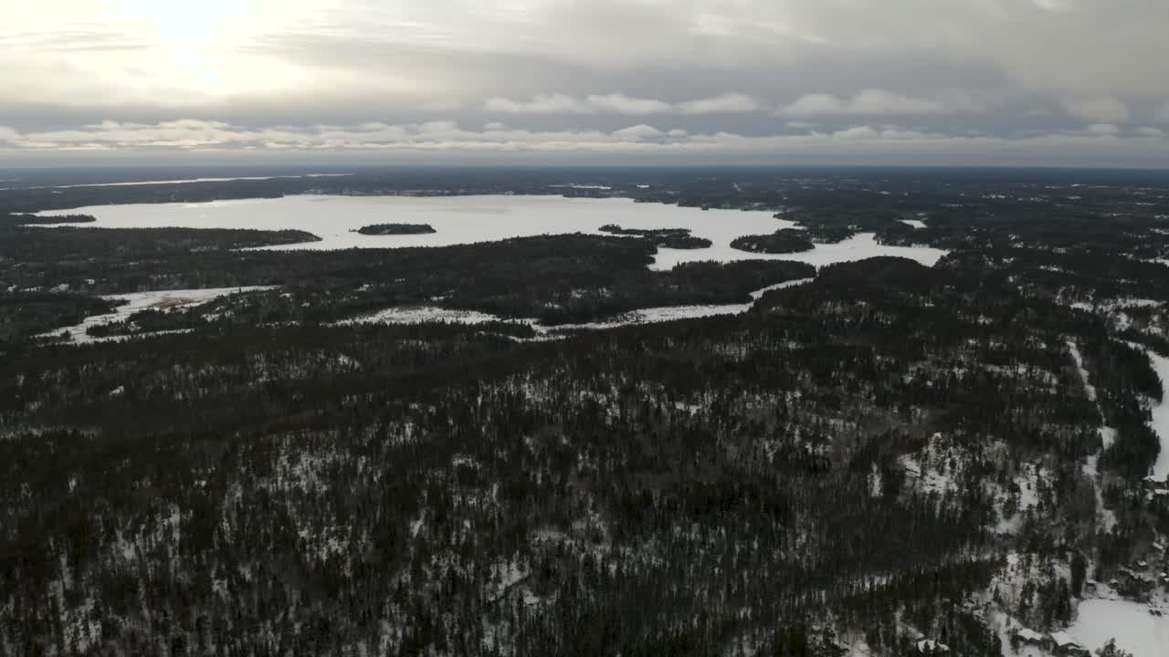 Aerial shot of West hawk Lake, Manitoba in winter time
