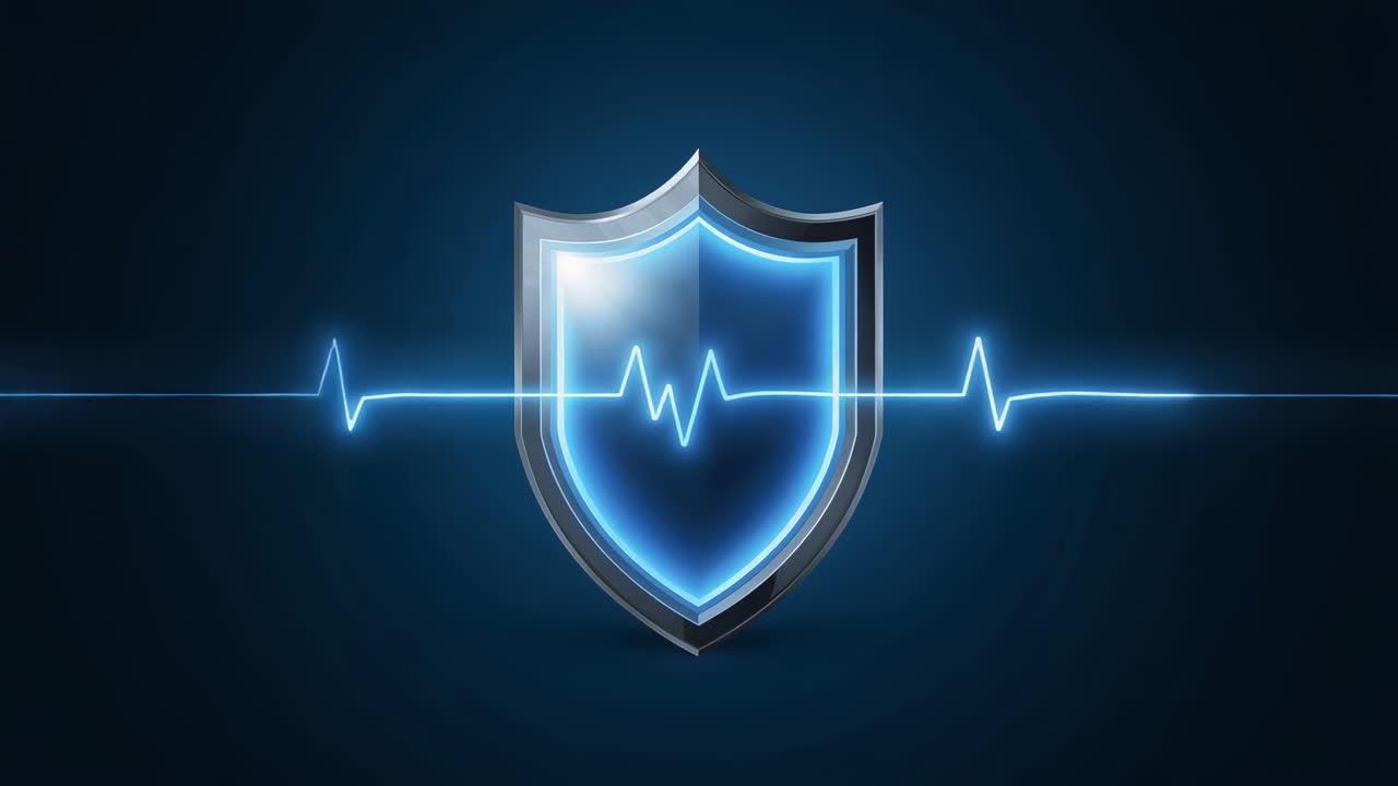 Sending neon heartbeat pulses, glowing shield with metal rim responding in studio, showing status