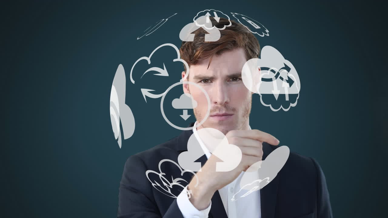 3d 인터랙티브 스크린을 사용하는 백인 남자의 애니메이션