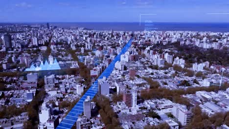 tiro de dron sobre la autopista de la ciudad de montevideo con líneas digitales y gráficos en movimiento durante el día - concepto futurista con diagrama y camino de iluminación hacia el agua del océano - uruguay, sudamérica