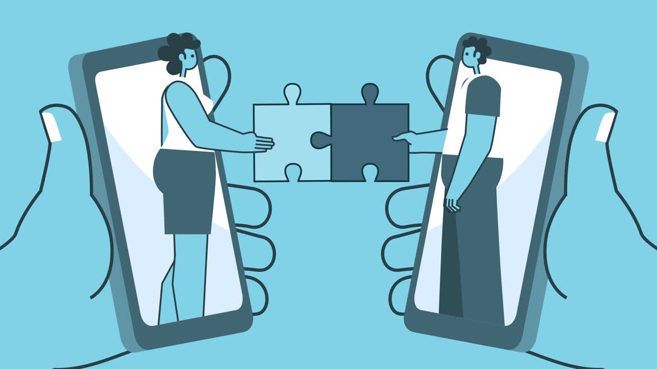 Cartoon man and woman put together puzzle online on smartphone. Flat Design 2d Characters Isolated Loop Animation with Alpha Channel