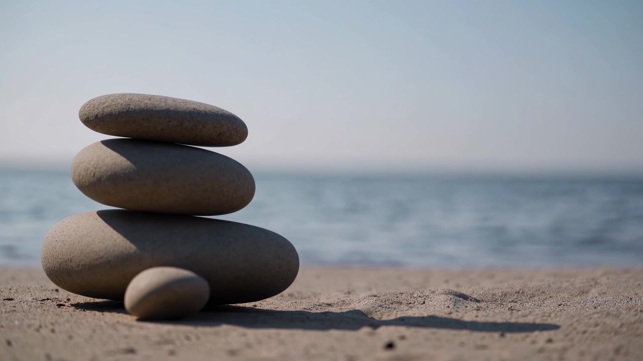 Pietre Zen impilate su una spiaggia sabbiosa in riva all'oceano.