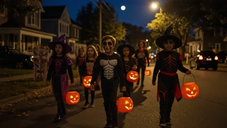 a festive halloween night: children dressed in spooky costumes walk down the street carrying jack-o'-lanterns under a full moon
