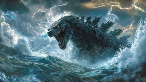 godzilla in a stormy sea