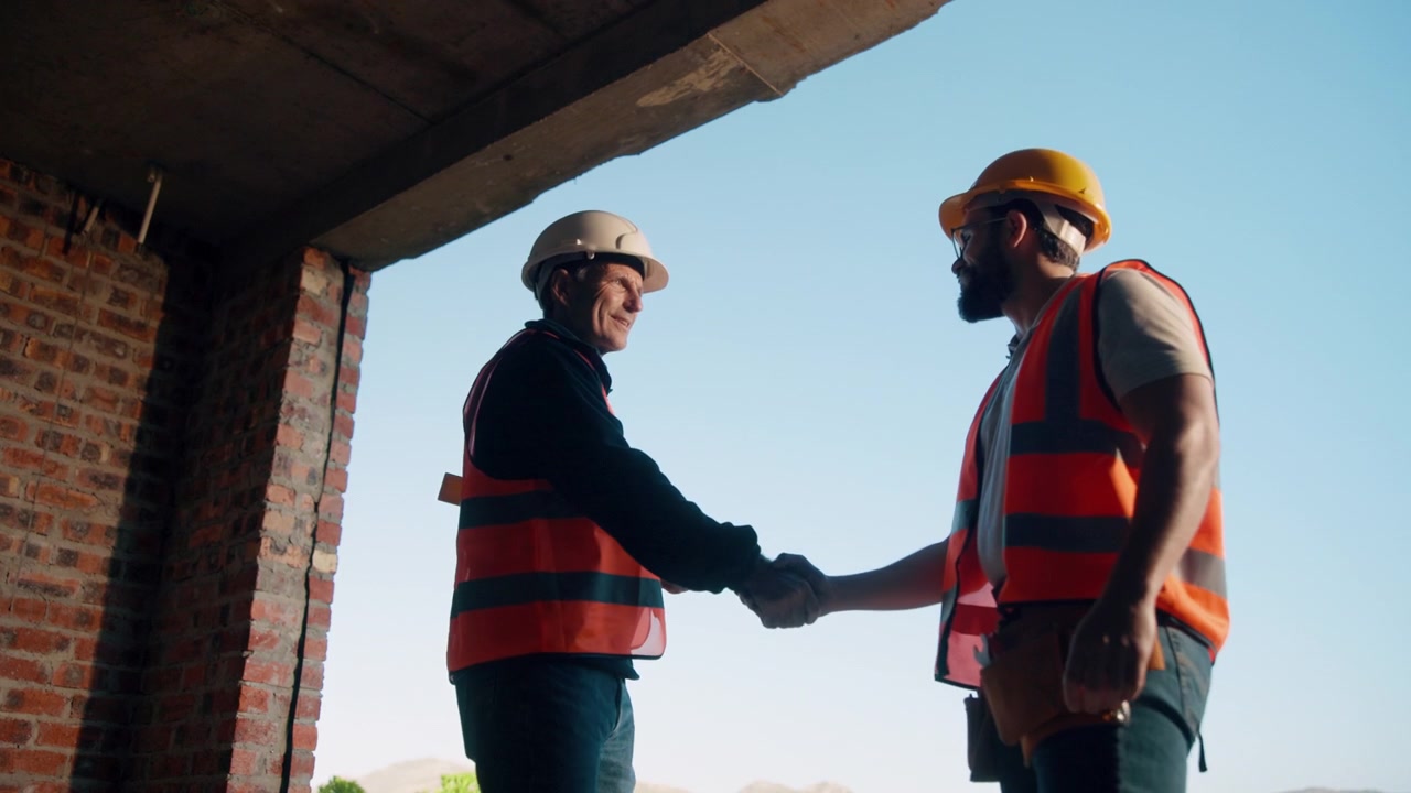 Construction Workers Shaking Hands at Building Site