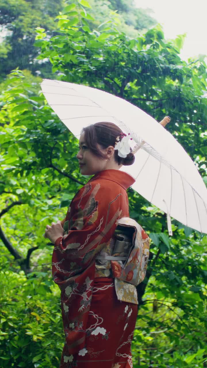 Woman in Kimono in a Rainy Garden