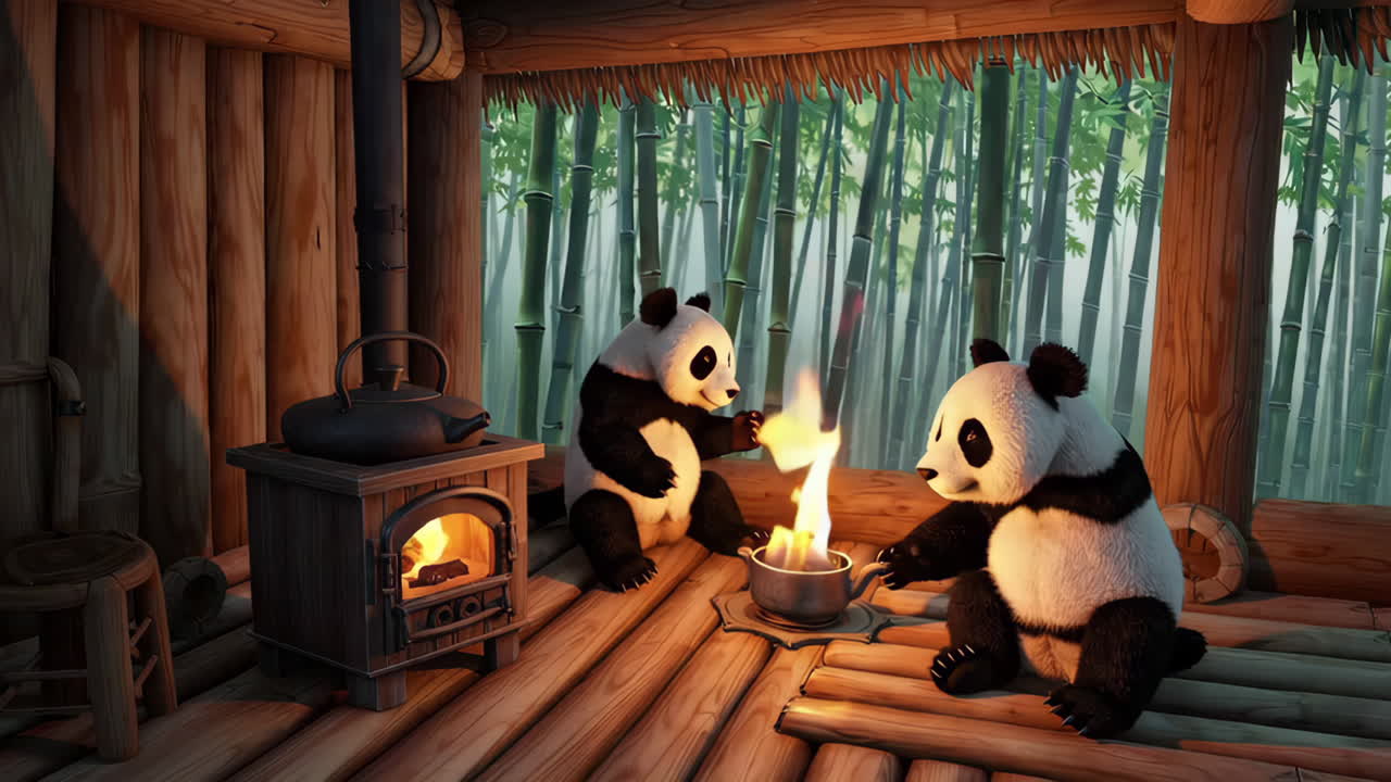 dos pandas cocinando té junto a un fuego en una cabaña de bambú