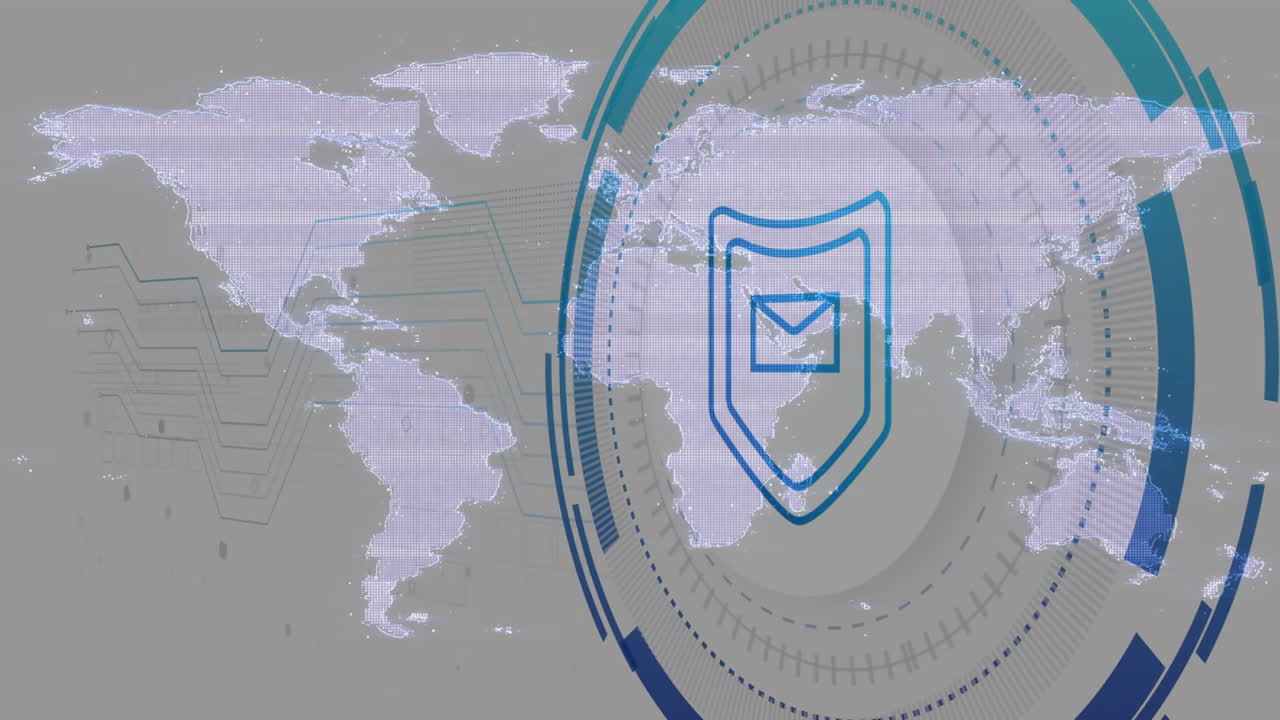 Digital security shield with email icon animation over world map background