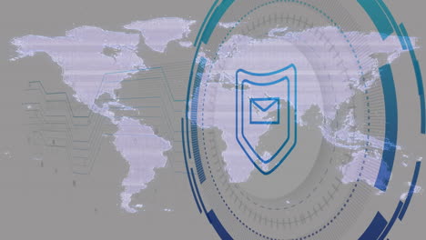 escudo de seguridad digital con animación de icono de correo electrónico sobre el fondo del mapa del mundo