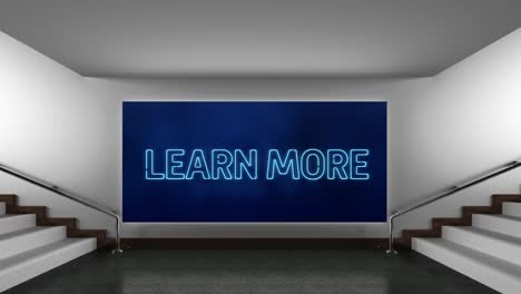 Animation-of-words-Learn-More-flickering-on-a-blue-billboard-hanging-between-stairs