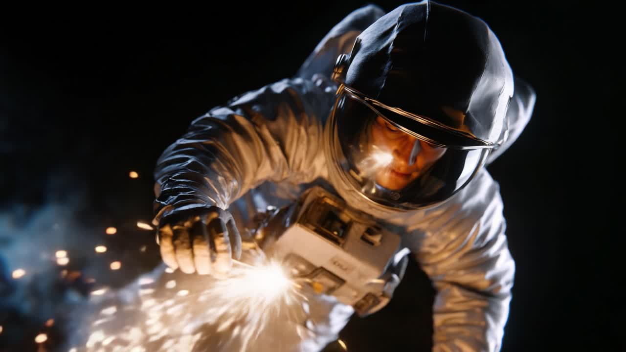 Astronauta che conduce attività extraveicolare nello spazio mentre crea scintille e sperimenta la microgravità, con un focus sull'esplorazione spaziale e l'innovazione.