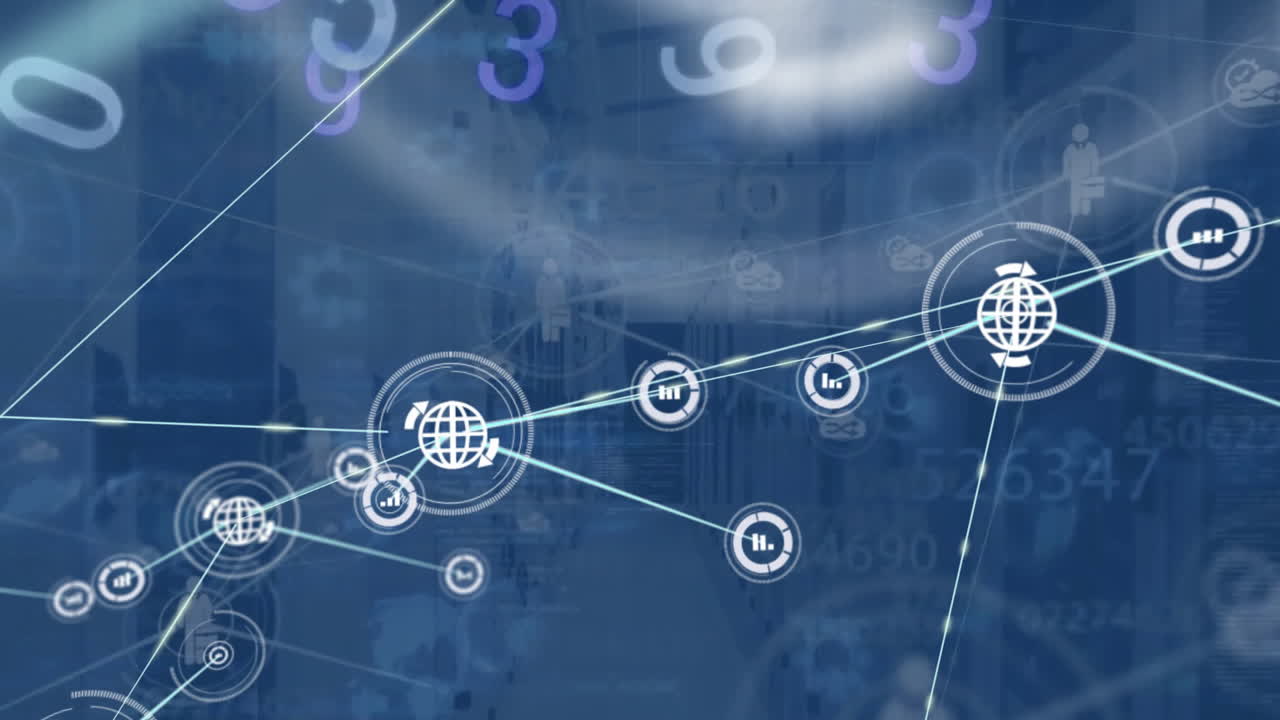 animación de la red de conexiones con iconos y procesamiento de datos a través de servidores informáticos