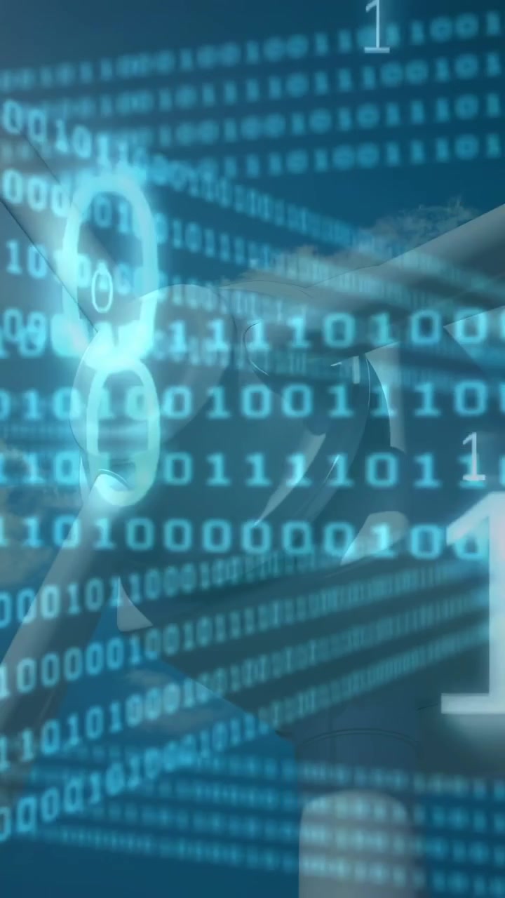 Typing hands wearing long-sleeve cuff moving across laptop keyboard at desk, with binary overlay