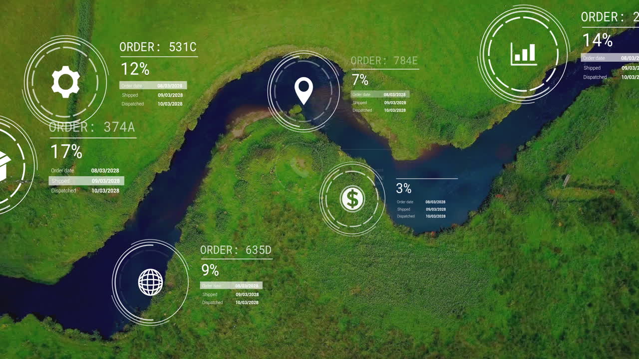 animación de la red de iconos y procesamiento de datos sobre el paisaje