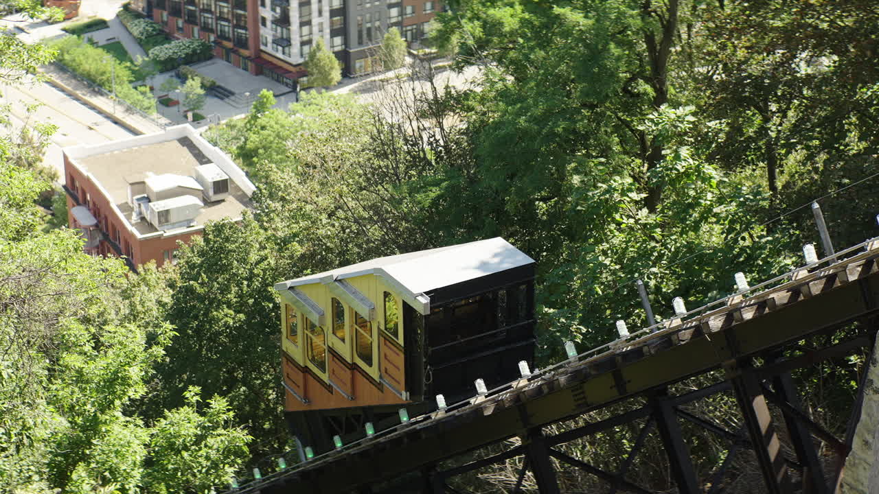 Oldest operating funicular railway riding down Mount Washington to Station Square, close-up