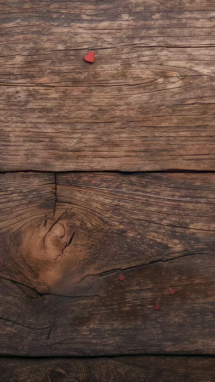 Vertikal video: Optagelse af frames, der viser et lille rødt hjerte på gammelt træ med knaster og pletter