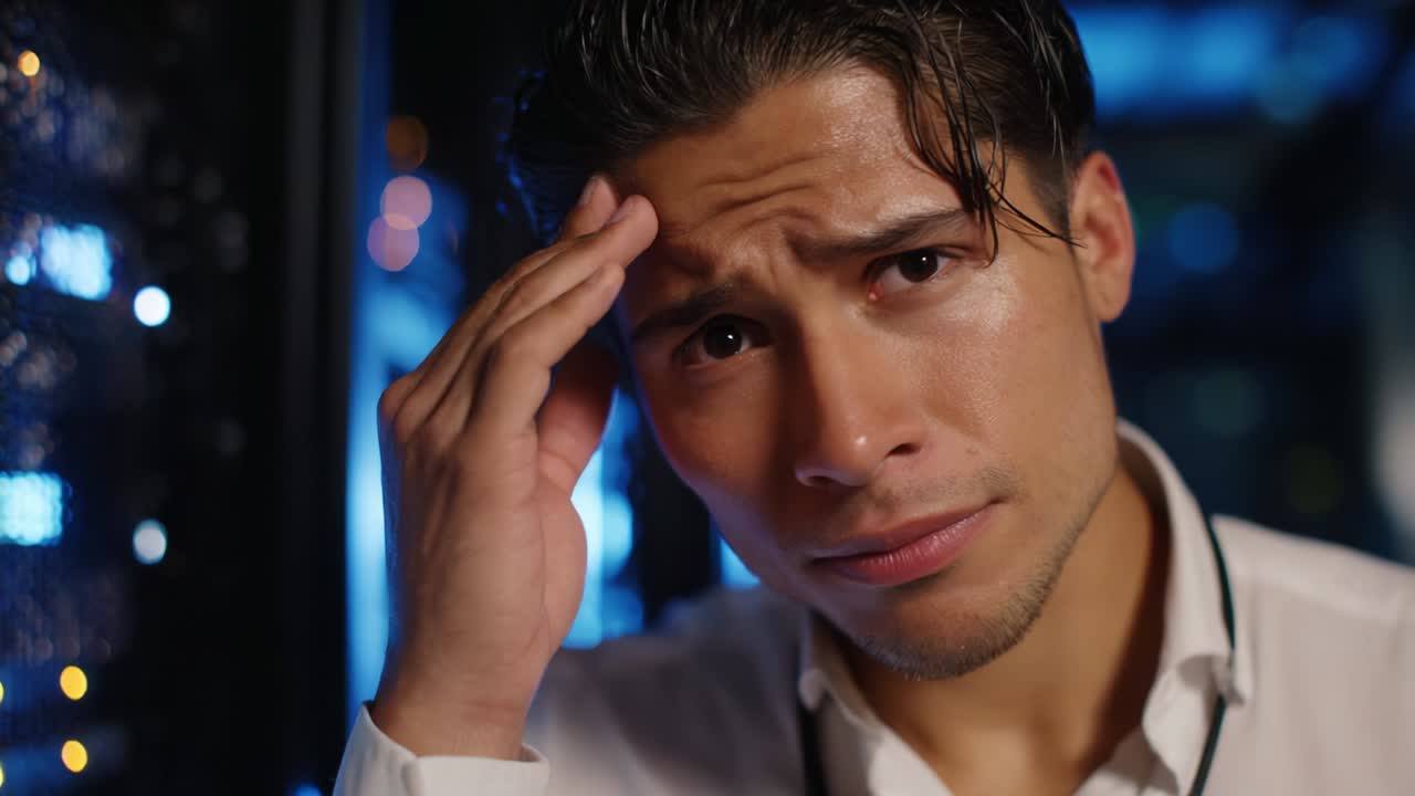 A young man exhibits a distressed expression in a high-tech environment, showcasing feelings of confusion and concern. The setting features illuminated data servers, emphasizing the serious mood