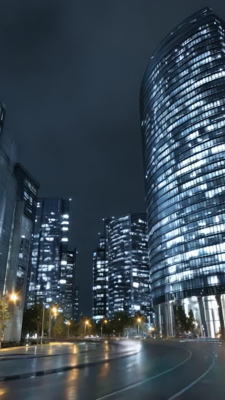 Uma Deslumbrante Cena Urbana Noturna Exibindo Arquitetura Moderna e Vida Urbana Vibrante, Apresentando Arranha-céus Iluminados pelas Luzes da Cidade Contra um Céu Escuro