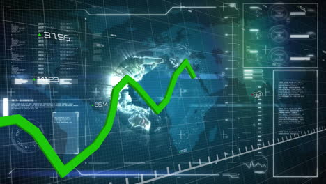 green line graph animation over digital world map and financial data