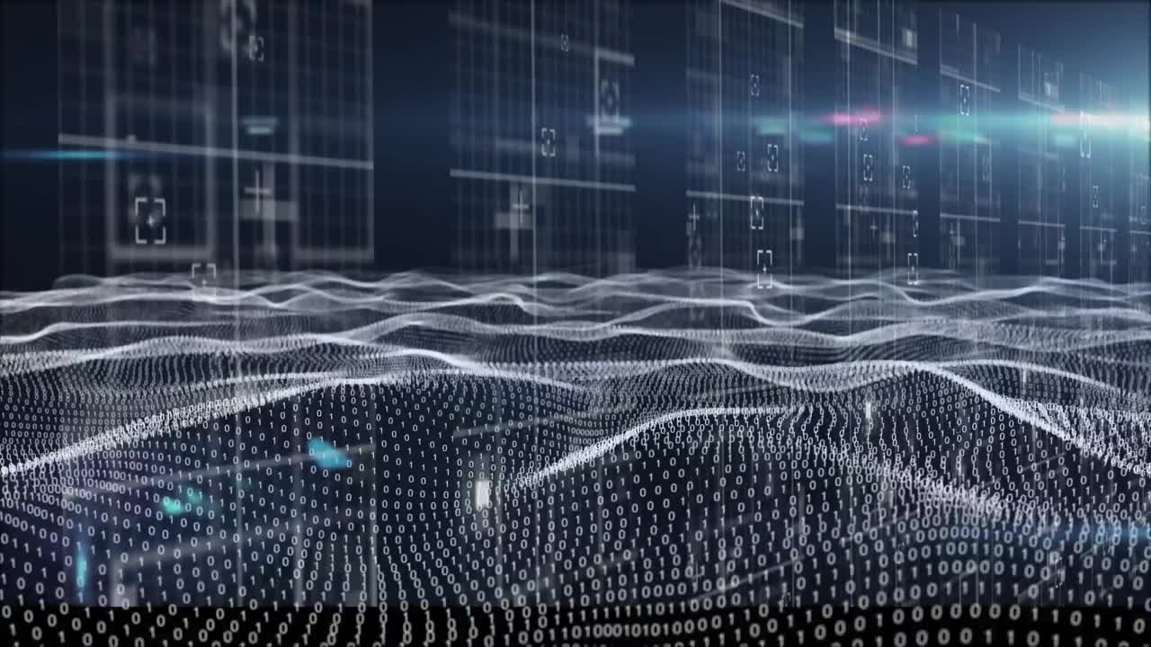 Animation of binary coding and data processing on black background