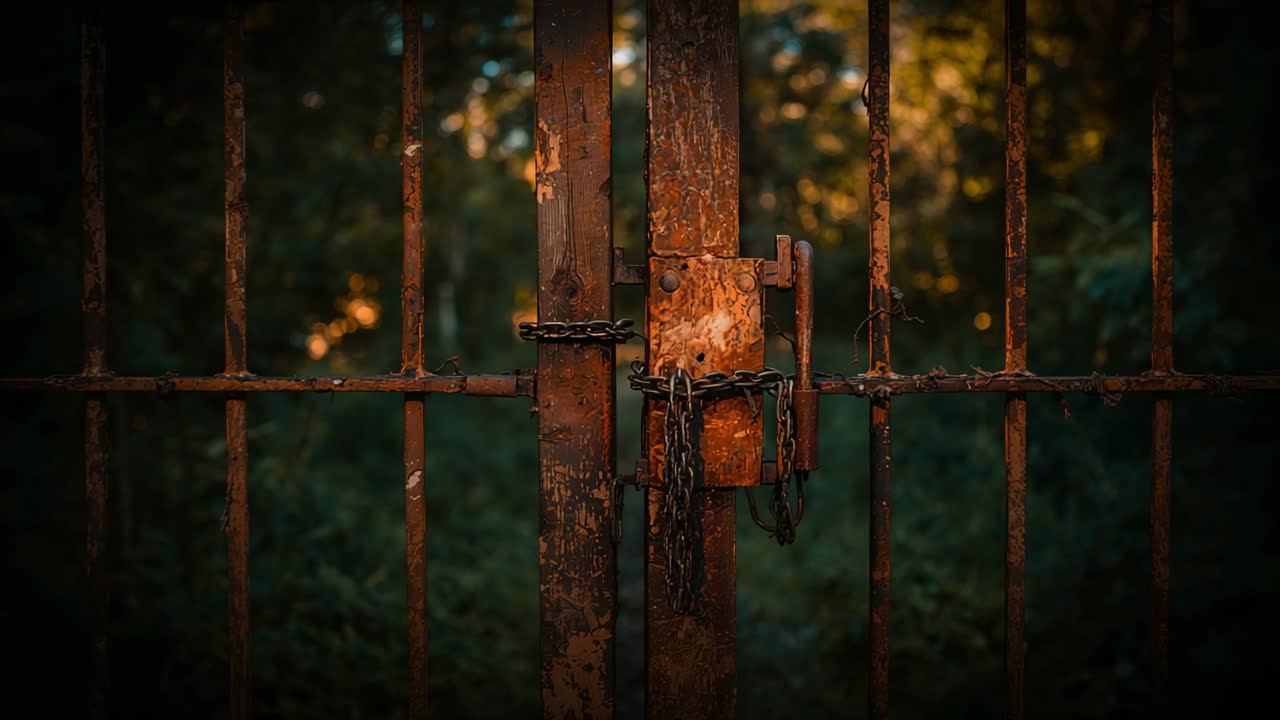 Showing rusted gate securing wooded entrance while sun shifting highlights, chain, padlock