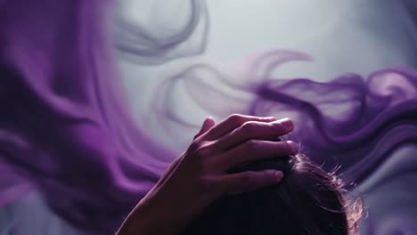 purple smoke and a hand on a head