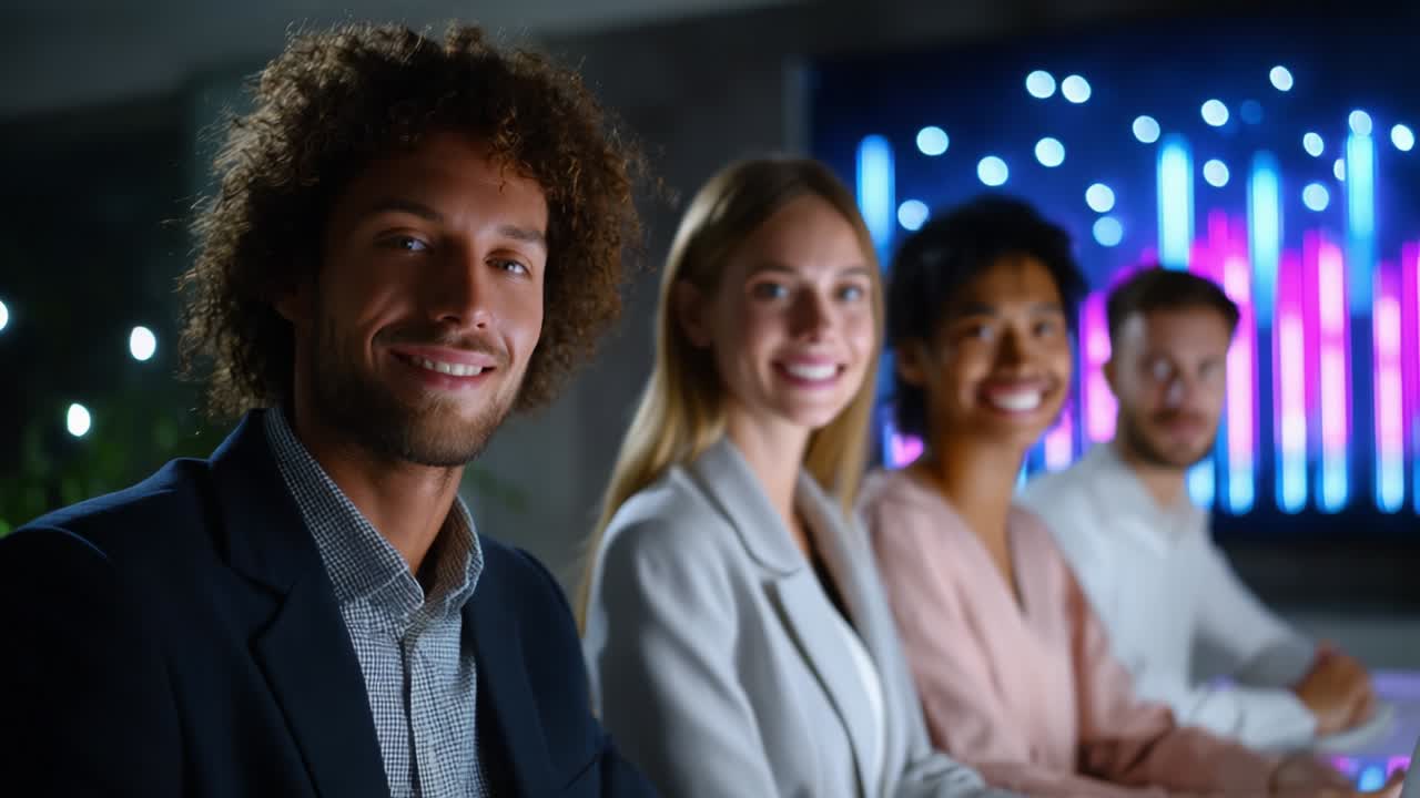 Team aziendale eterogeneo sorridente durante una riunione in ufficio