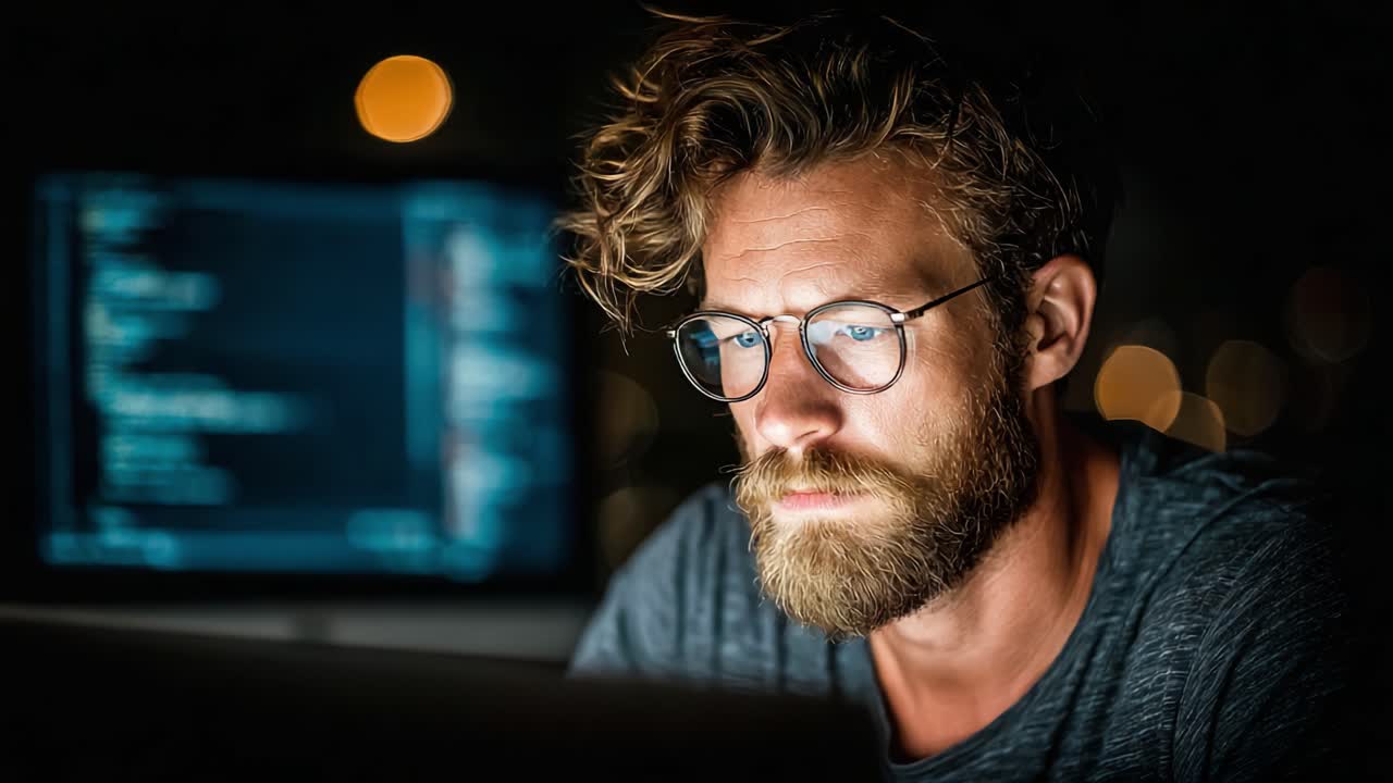 Soustředěný programátor analyzující kód na notebooku v přítmí s rozmazanými světly v pozadí a silným důrazem na soustředění a kreativitu