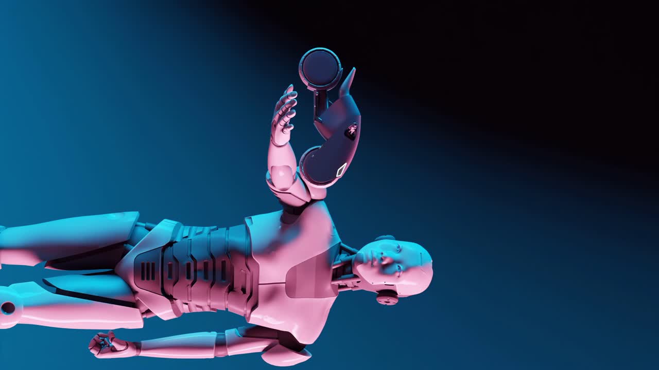 de un robot humanoide cibernético vertical sosteniendo un prototipo en miniatura de un automóvil futurista moderno, una motocicleta en su mano