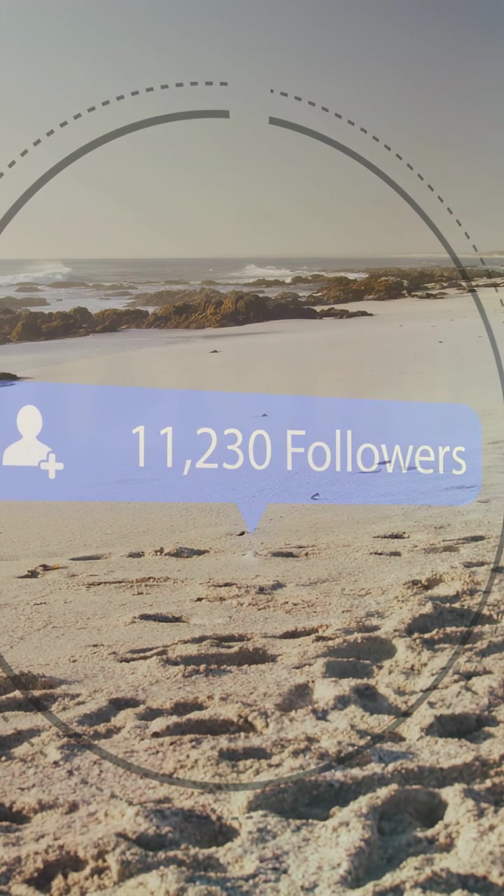 Vertical video: At start blue dot appearing, badge growing followers, ring tracing framing on beach