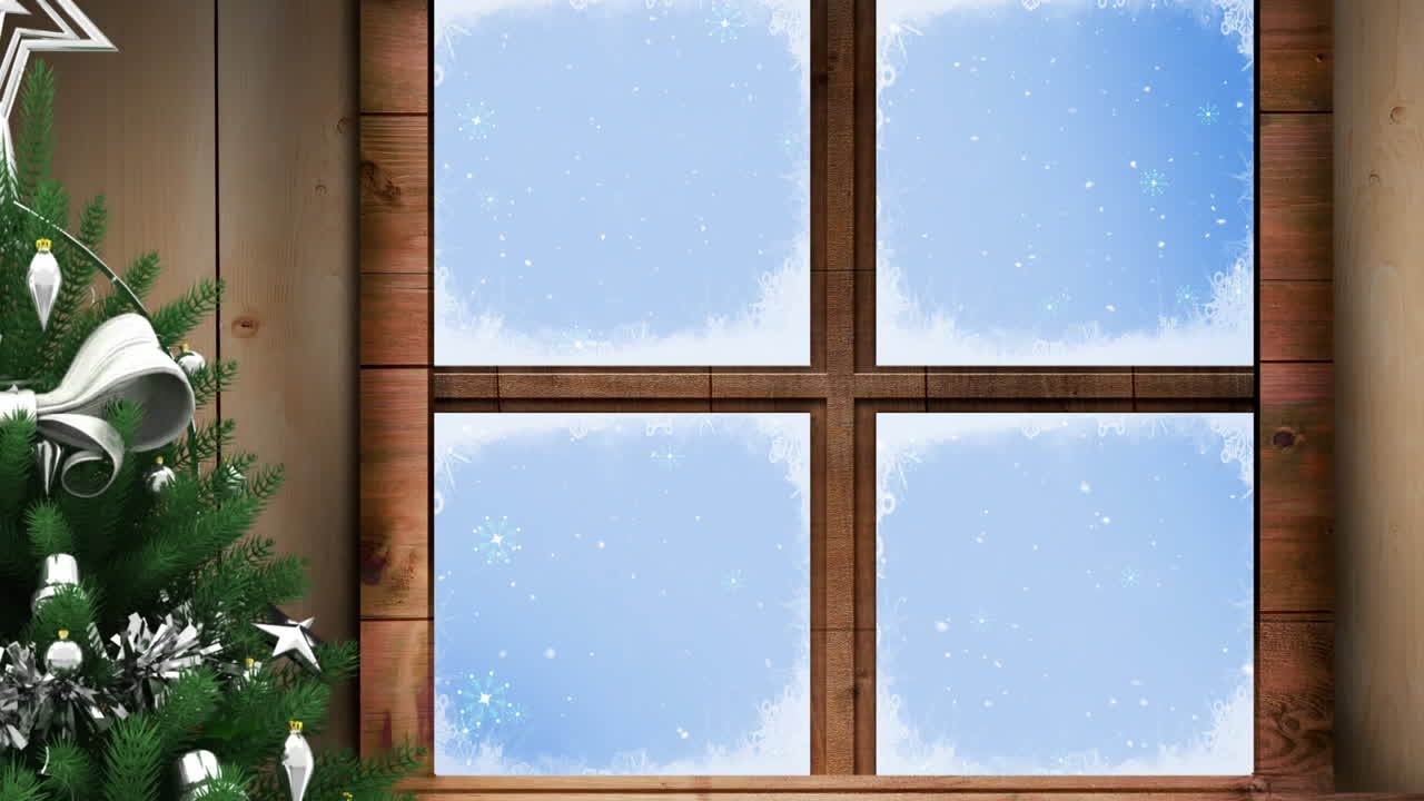 青い背景に雪の結晶が舞い落ちる中、クリスマスツリーと木製の窓枠
