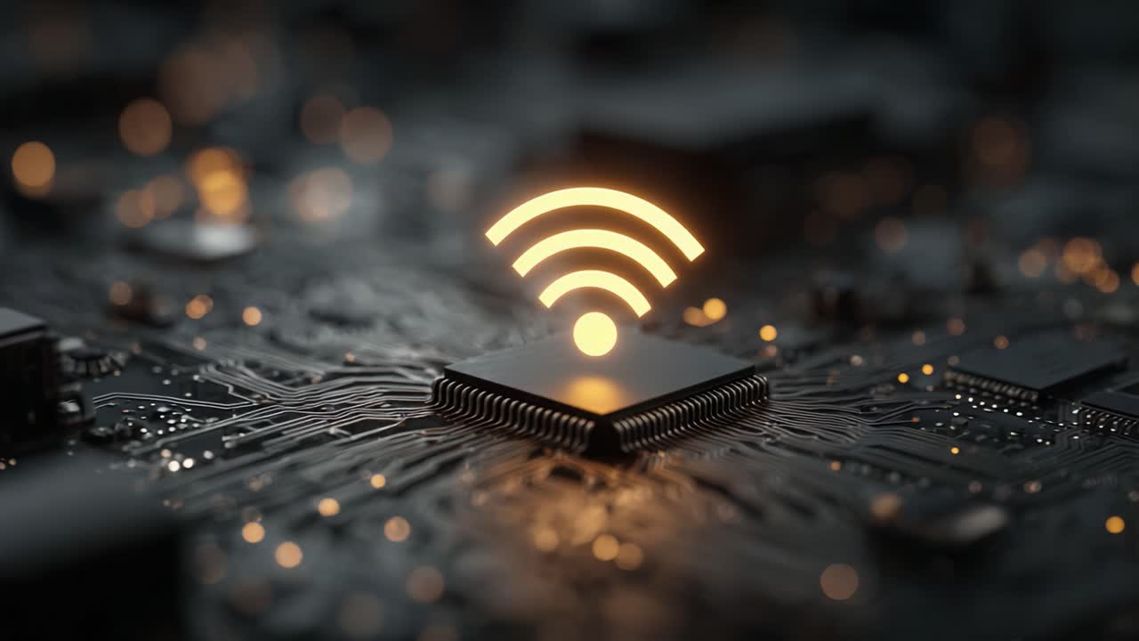 An Intricate Network: Close-Up of a Circuit Board Featuring Prominent WiFi Signal Icon Symbolizing Connectivity and Modern Technology Influence