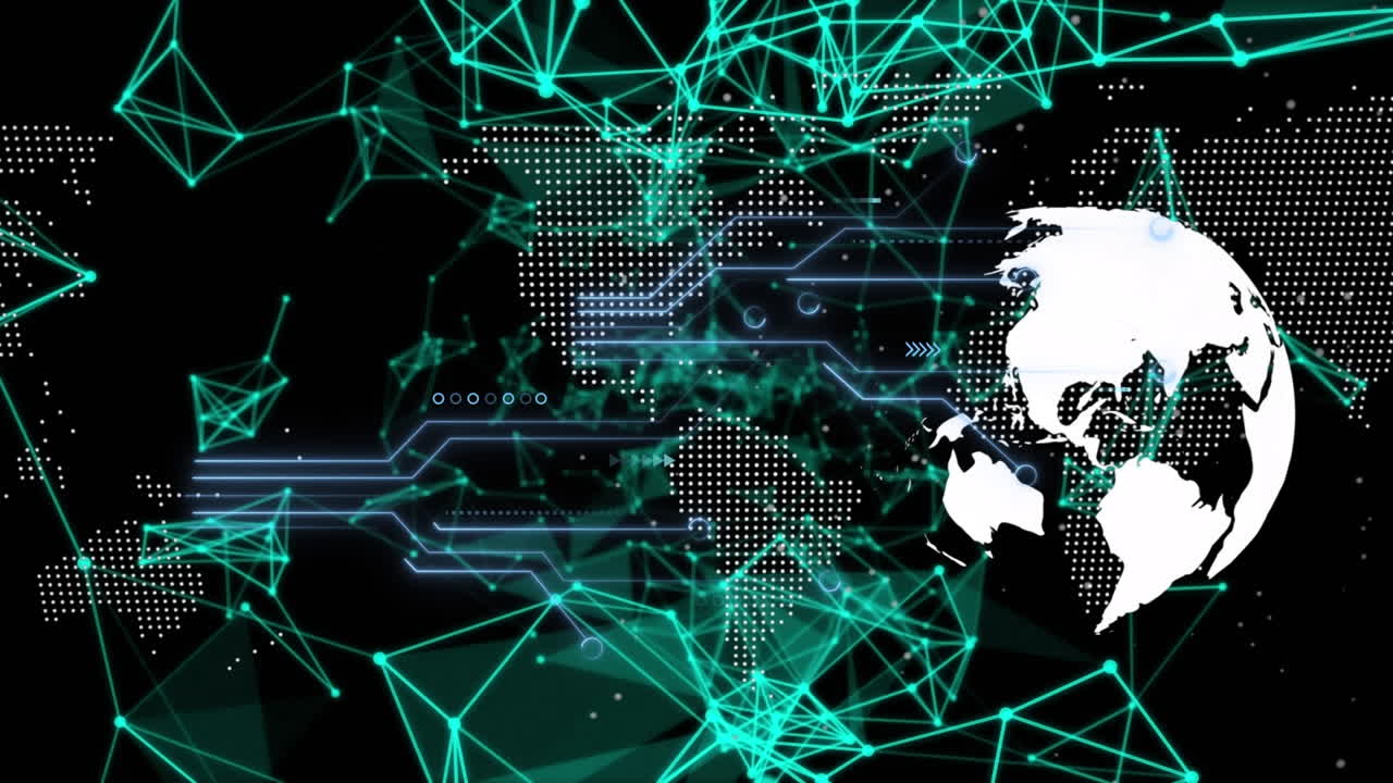 Animation of networks of connections and globe over dark background