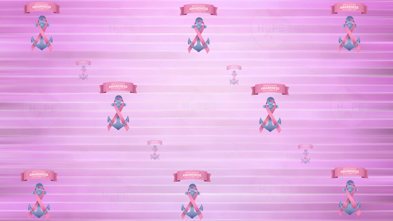 Animazione di più loghi a forma di ancora con nastro rosa e testo "cancro" che si illuminano su uno sfondo rosa