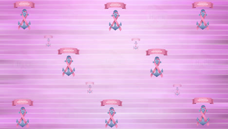 animation of multiple pink ribbon anchor logo and breast cancer text glowing on pink background