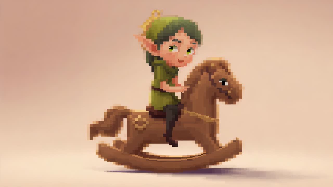 Elfo che dondola con tunica verde e cappello a punta che tiene la criniera in modo giocoso su un cavallo a dondolo