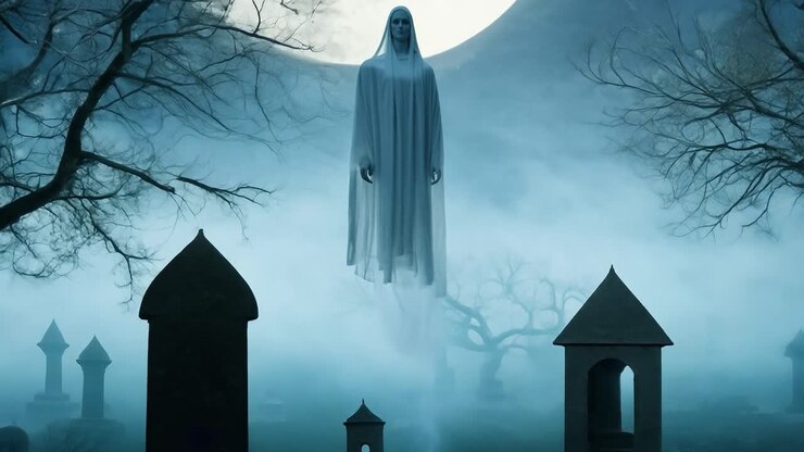 A Ghostly Figure Stands in a Foggy Graveyard