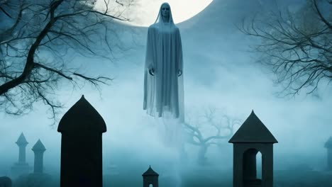 a ghostly figure stands in a foggy graveyard