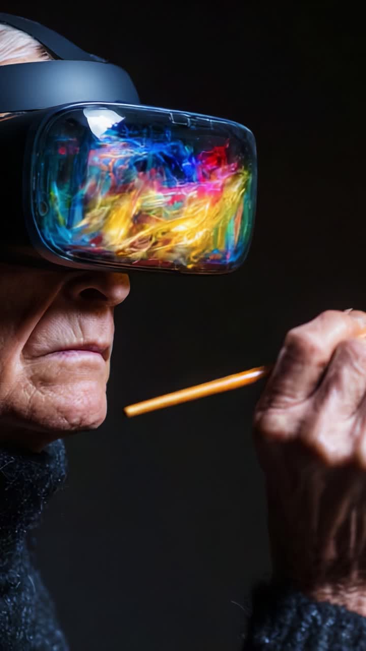 An elderly artist immerses in creativity through virtual reality, exploring vibrant colors and digital artistry, blending technology with traditional art forms