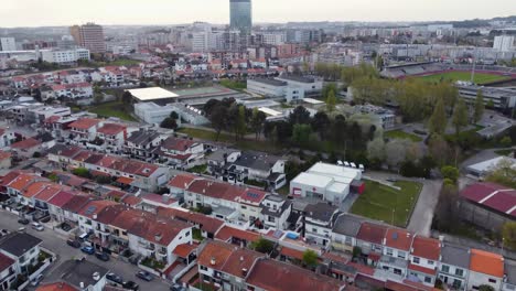 flying aerial view of the maia city,portugal