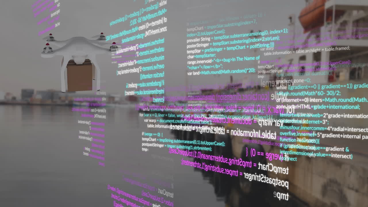 animación del procesamiento de datos y del avión no tripulado con puerto de caja