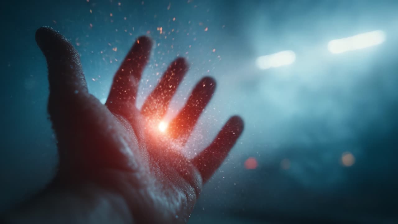 Una cautivadora exhibición de luz y energía mientras una mano humana canaliza chispas y partículas místicas en una atmósfera vibrante de asombro y mística.