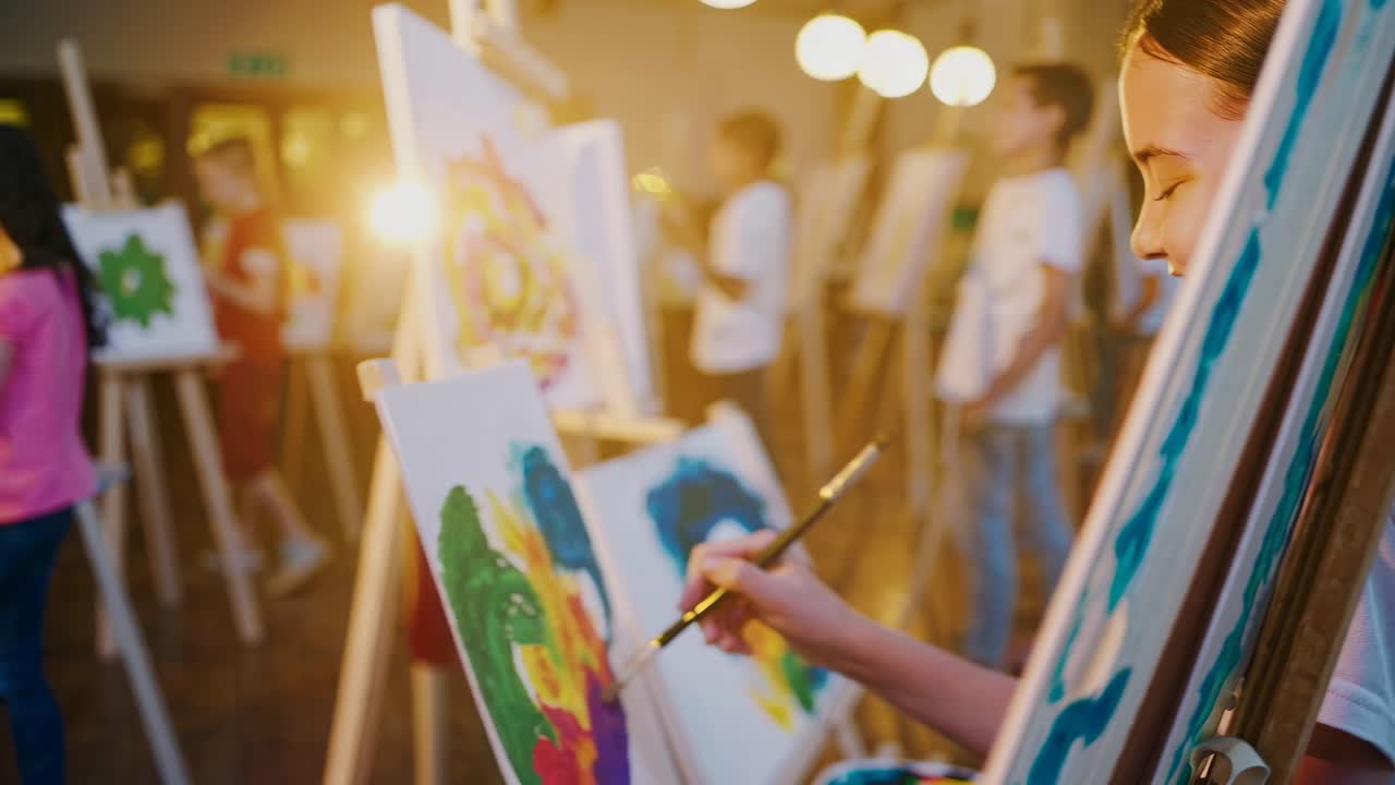 Side angle video of a joyful girl painting on a canvas in a lively art class, capturing creativity
