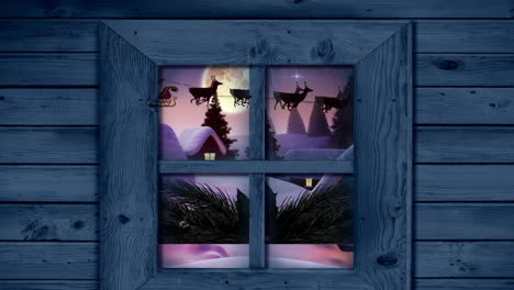 wooden window frame against santa claus in sleigh being pulled by reindeers over winter landscape