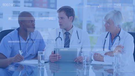animation of interface with data processing over team of diverse doctors discussing at hospital