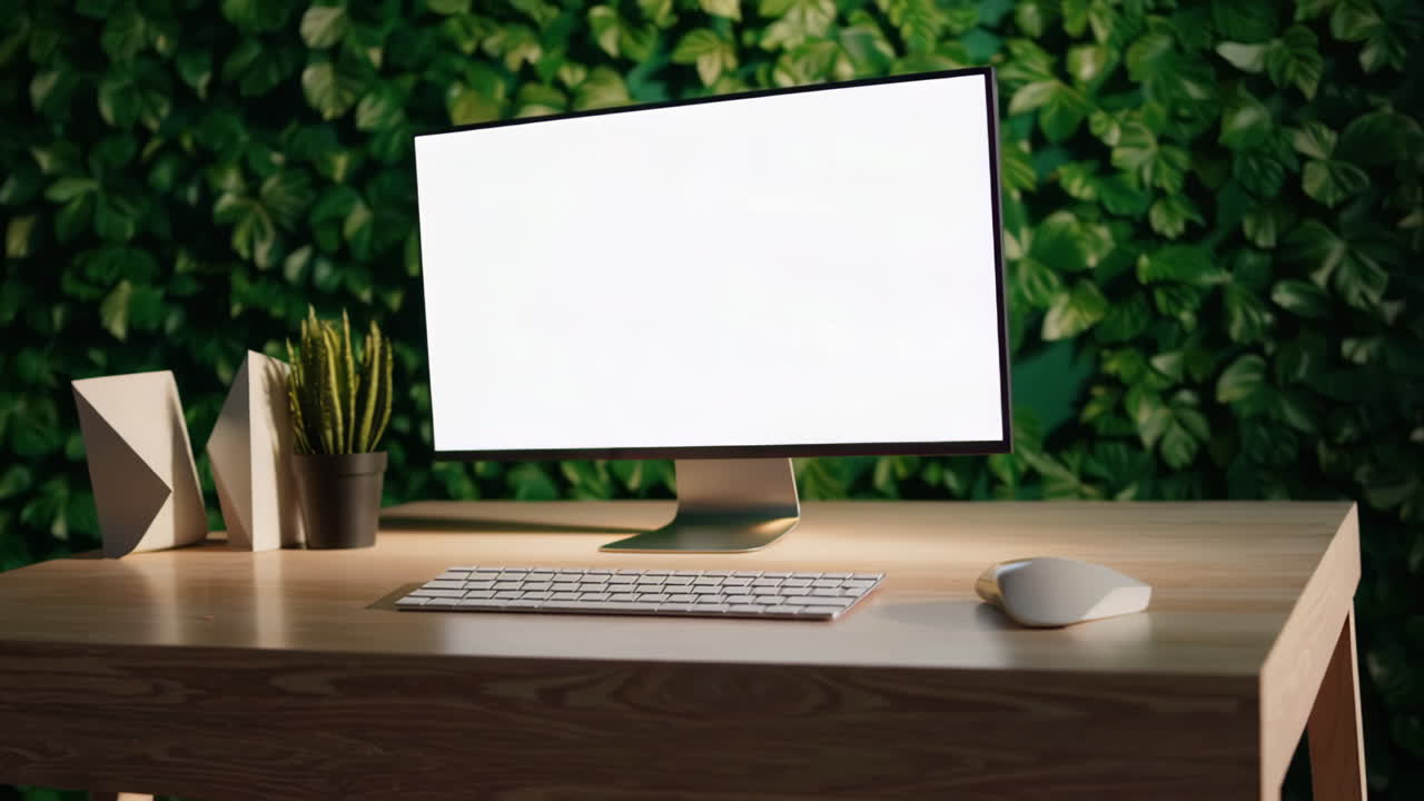 Modern Computer Monitor Mockup on Wooden Desk with Green Plant Wall Background