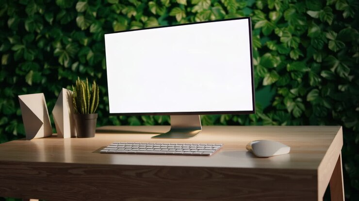Modernes Computermonitor-Mockup auf Holzschreibtisch mit grünem Pflanzenwand-Hintergrund