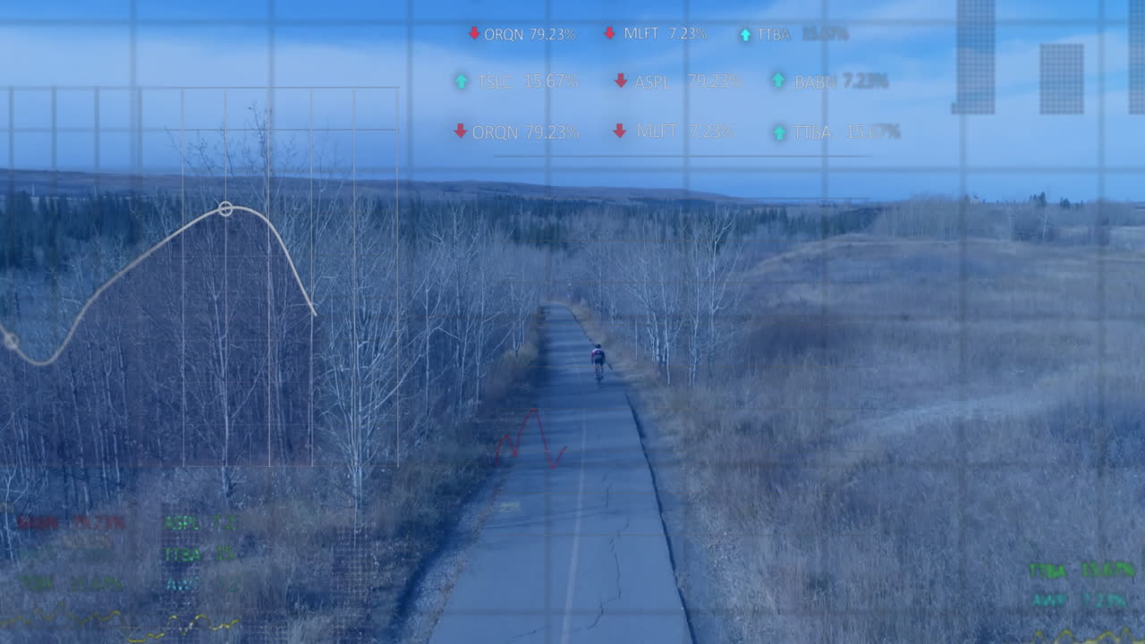 Teenage cyclist cycling along rural trail, featuring tech HUD showing charts trendlines percentages