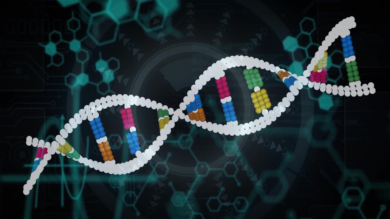 3D stylized DNA helix being rendered floating, showing sphere pairs with hexagon grid and code text